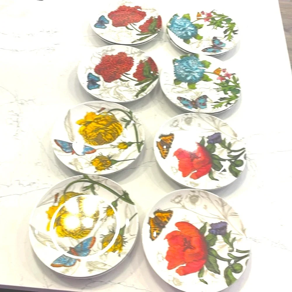 Pier 1 Imports SET of 8 Floral Melamine Salad Plates Butterfly Cottage Garden